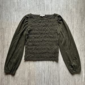 Madewell Olive Green Cotton Crewneck Ruched Bodice Long Bell Sleeves Size Medium